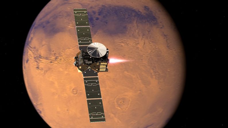 <a href="index.php?page=&url=http%3A%2F%2Fexploration.esa.int%2Fmars%2F46475-trace-gas-orbiter%2F" target="_blank" target="_blank">The ExoMars Trace Gas Orbiter </a>arrives will look for gases that could signal biological activity. Pictured, a representation of the orbiter beginning its entry into Mars orbit.