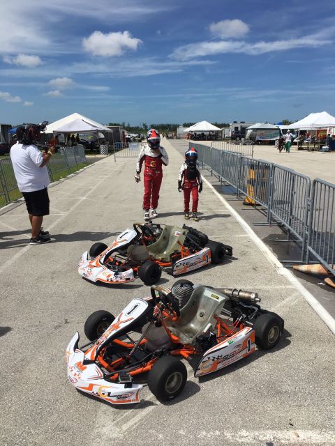 Fittipaldi and his nine-year-old son go head-to-head in go-karts at the Homestead-Miami Speedway karting circuit.