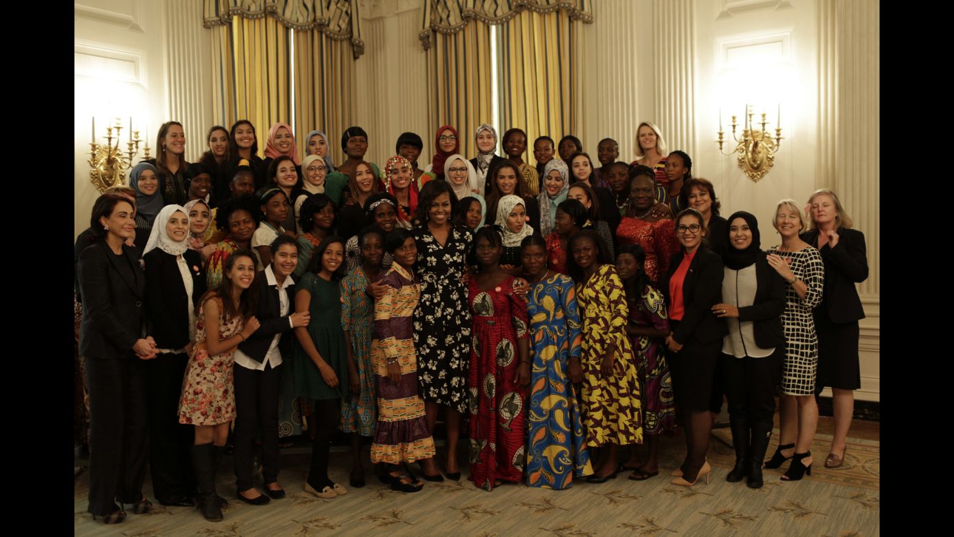 In the <a href="http://www.cnn.com/shows/cnn-films-we-will-rise" target="_blank">CNN Film "We Will Rise,"</a> Michelle Obama travels to Morocco and Liberia to meet young women overcoming incredible odds to pursue an education. Here, Obama poses with a group that includes some of the girls featured in the film at a screening held at the White House on Tuesday, October 11. 