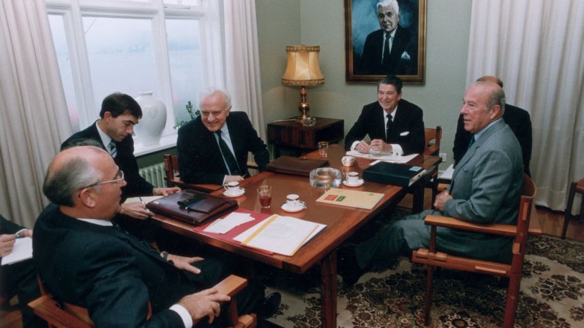 11th October 1986:  L-R: Soviet premier Mikhail Gorbachev, a translator, Soviet foreign minister Eduard Shevardnadze, US President Ronald Reagan, a translator, and secretary of state George Shultz sit for their first meeting at the Hofdi House, during the Summit in Reykjavik, Iceland.  (Photo by Ronald Reagan Library/Getty Images)