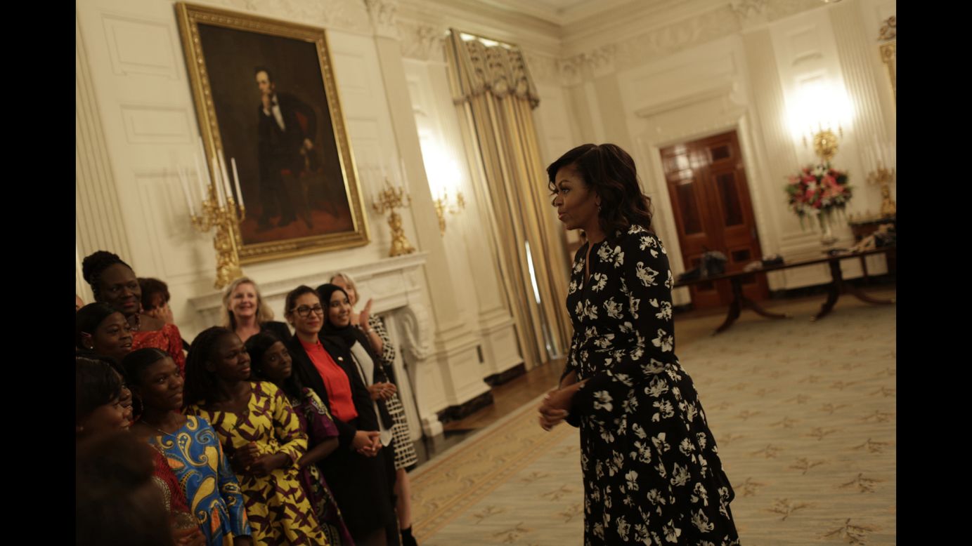 As part of her effort to make an impact on global girls' education, Obama, seen here speaking to a group in the State Dining Room, <a href="http://www.cnn.com/2016/07/01/opinions/africa-trip-michelle-obama/index.html" target="_blank">launched an initiative called Let Girls Learn</a>. The program has partnered "with some of the world's largest companies and organizations that are committing money, resources and expertise" to girls' education, Obama wrote in her opinion piece. 