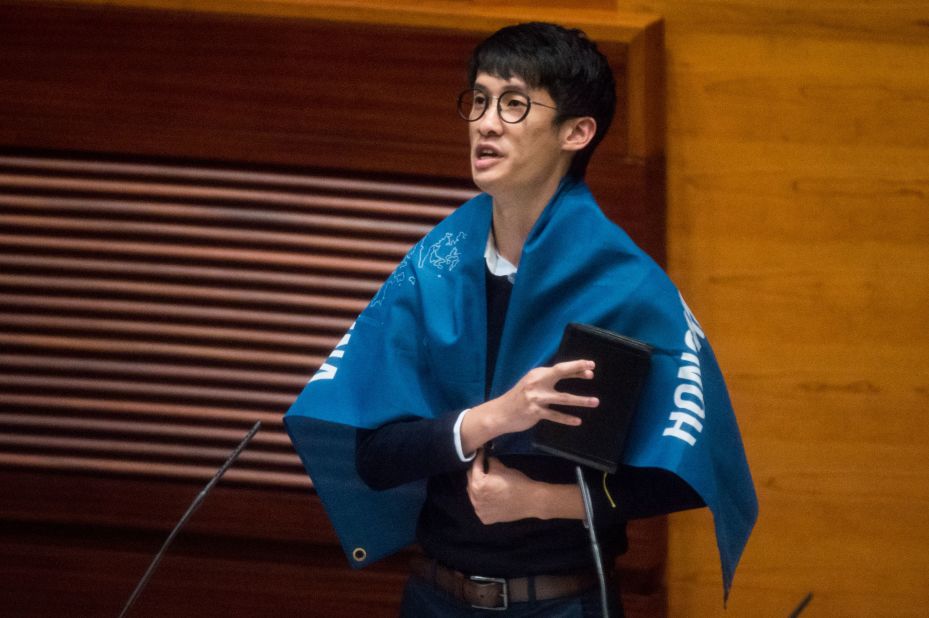 Newly elected Hong Kong pro-democracy lawmakers thumbed their noses at Beijing at a swearing-in-ceremony to start the legislative session on Wednesday, October 12. They displayed banners with words reading "Hong Kong is not China."