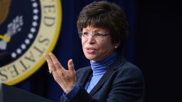WASHINGTON, DC - NOVEMBER 21: (AFP OUT) Senior Advisor to President Barack Obama Valerie Jarrett speaks to a group of educators in the South Court Auditorium of the White House November 21, 2013 in Washington, DC. They were being honored as ConnectED Champions of Change for taking creative approaches in using technology to enhance learning for students in communities across the country.  (Photo by Olivier Douliery-Pool/Getty Images)