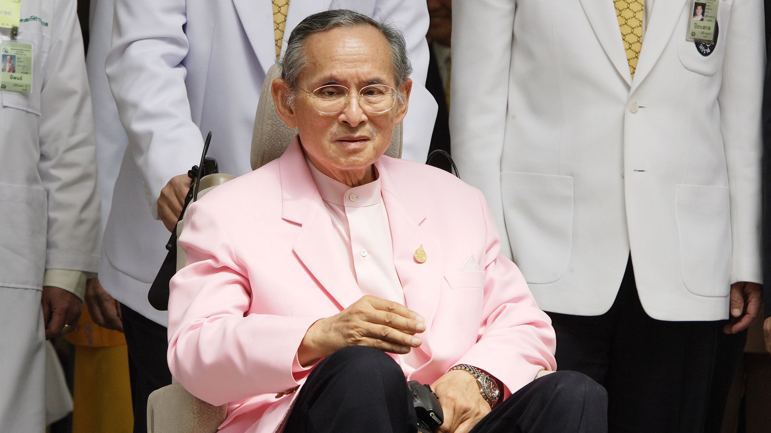 King Bhumibol Adulyadej, here leaving the hospital in 2007, has often appeared in public wearing pink.