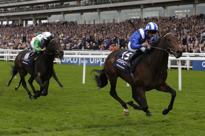 Muhaarar, ridden by Paul Hanagan, roars clear to win the 2015 British Champions Sprint Stakes at Ascot Racecourse.
