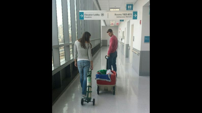 When the boys were younger they could be transported in a kid's wagon, seen here when they were three months old at Rush University Medical Center in Chicago.