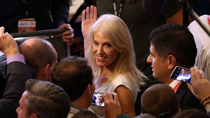 Kellyanne Conway, campaign manager for the Donald Trump campaign, walks through the spin room following the second presidential debate with democratic presidential nominee former Secretary of State Hillary Clinton and republican presidential nominee Donald Trump at Washington University on October 9, 2016 in St Louis, Missouri.