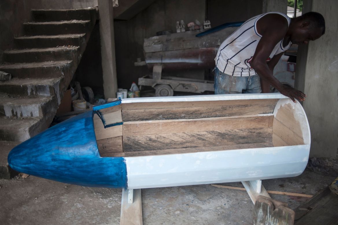 Creating the coffins is intensive labor, and can take several weeks to produce.<br /><br />The artisans typically use light, white wood from the indigenous Wawa tree, although mahogany is sometimes used for exports. 