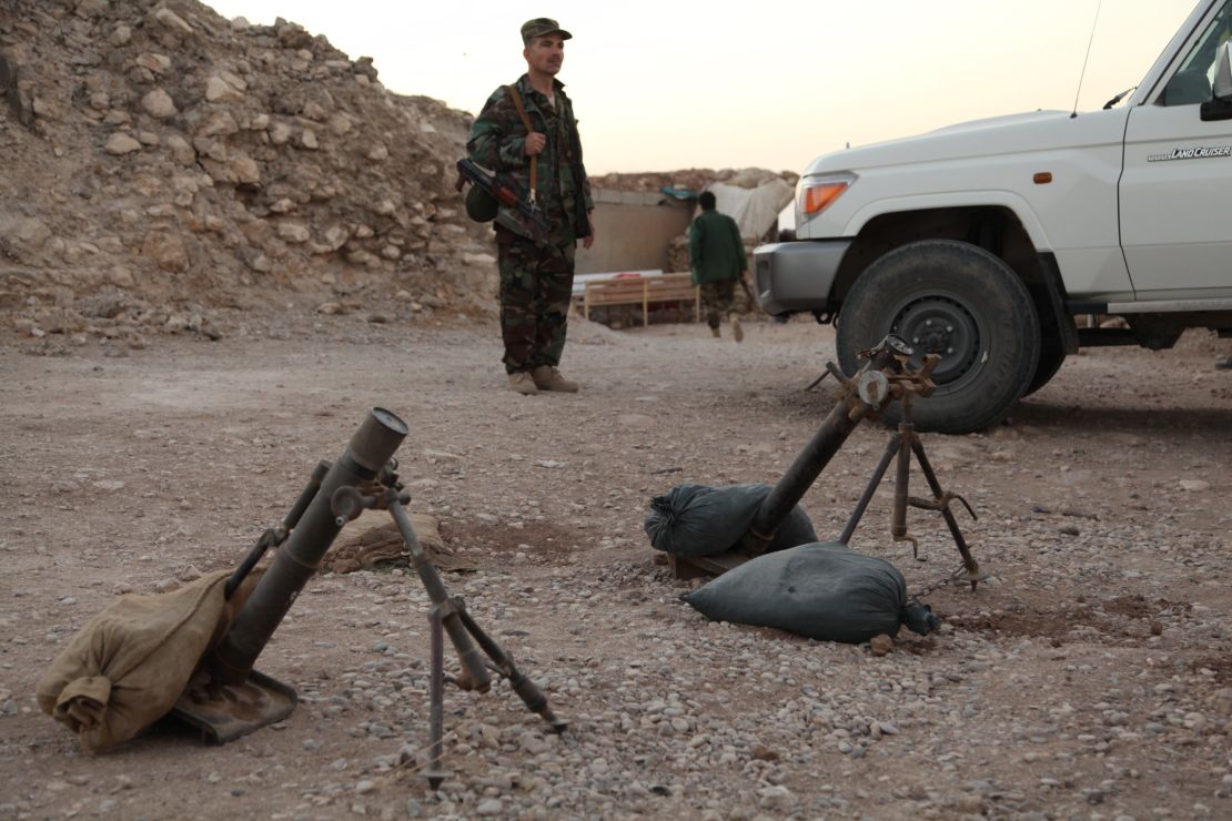 Old Soviet-era mortars at a Peshmerga forward base on a mountain overlooking Mosul