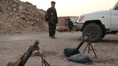 Old Soviet-era mortars at a Peshmerga forward base on a mountain overlooking Mosul