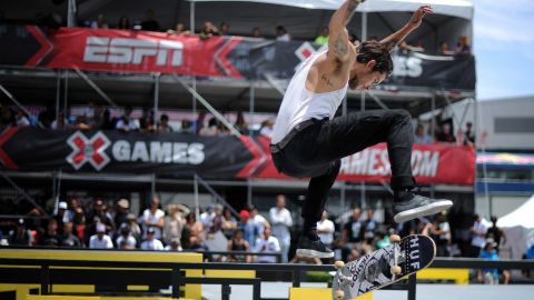 Skateboarder Dylan Rieder competes in the X Games Los Angeles SLS Select Series in 2013.