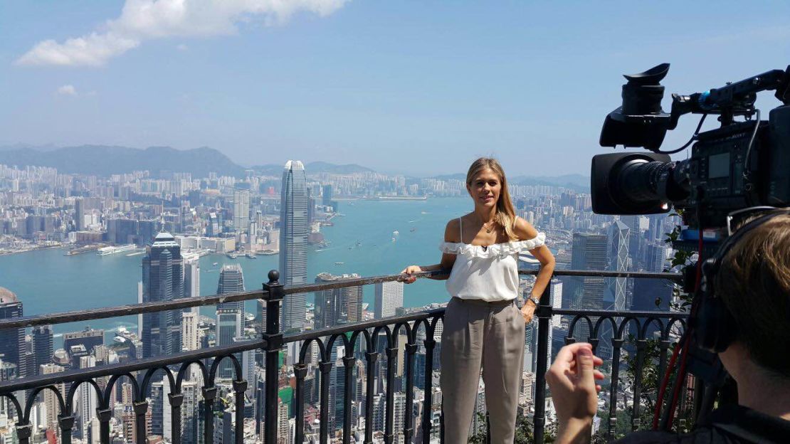 Nicki Shields filming for CNN's Supercharged show at Hong Kong's famous Victoria Peak. 