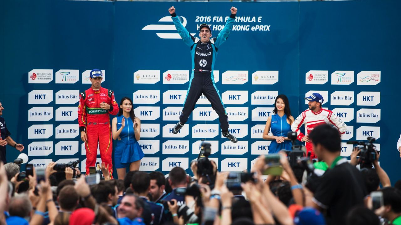 Sebastien Buemi celebrates winning the inaugural Hong Kong ePrix