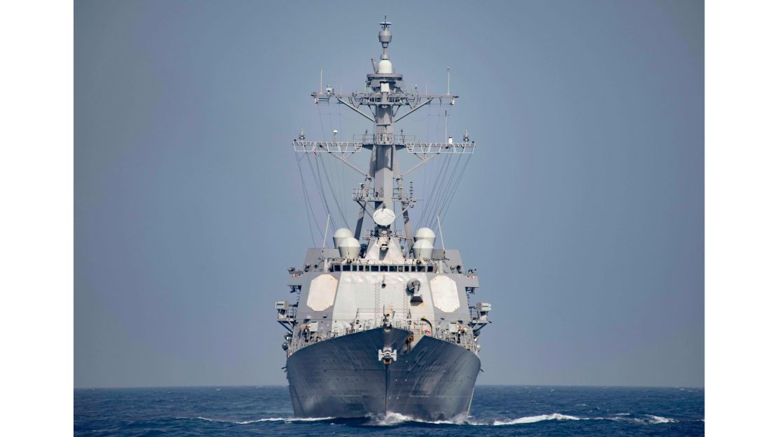 The Arleigh Burke Class guided-missile destroyer USS Nitze operates in the Mediterranean Sea.