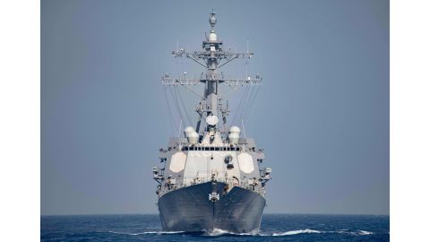 The guided-missile destroyer USS Nitze operates in the Mediterranean Sea in this file photo. The US Navy has two destroyer like the Nitze in position for a strike on Syria, officials say.