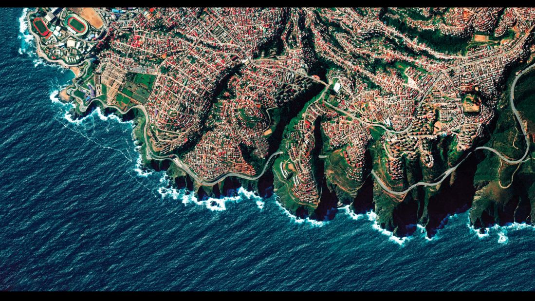 Valparaiso, Chile, is built upon dozens of steep hillsides overlooking the Pacific Ocean, and the city is known as "The Jewel of the Pacific." This is one of the satellite images from Benjamin Grant's upcoming book, "Overview: A New Perspective of Earth."