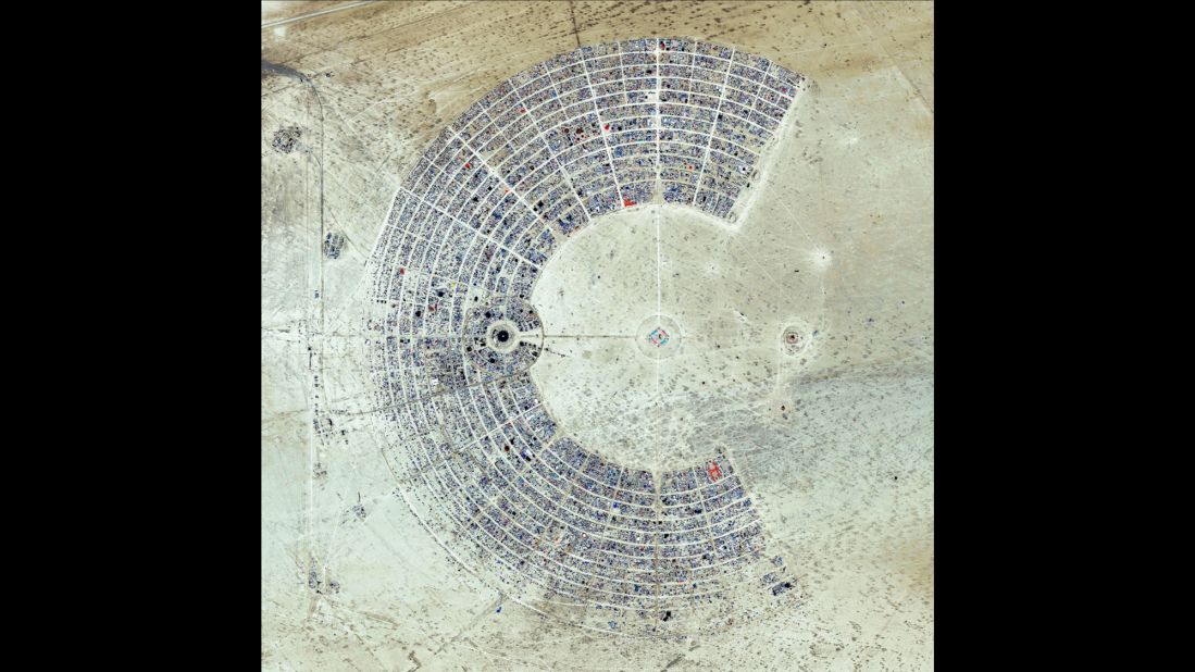 A satellite view of Burning Man, an annual event held in the Black Rock Desert of Nevada. The gathering is described as an experiment in community, art, self-expression and radical self-reliance. One of its key principles is "Leave No Trace," as significant efforts are taken to make sure the desert returns to its original state in the days following the festival.