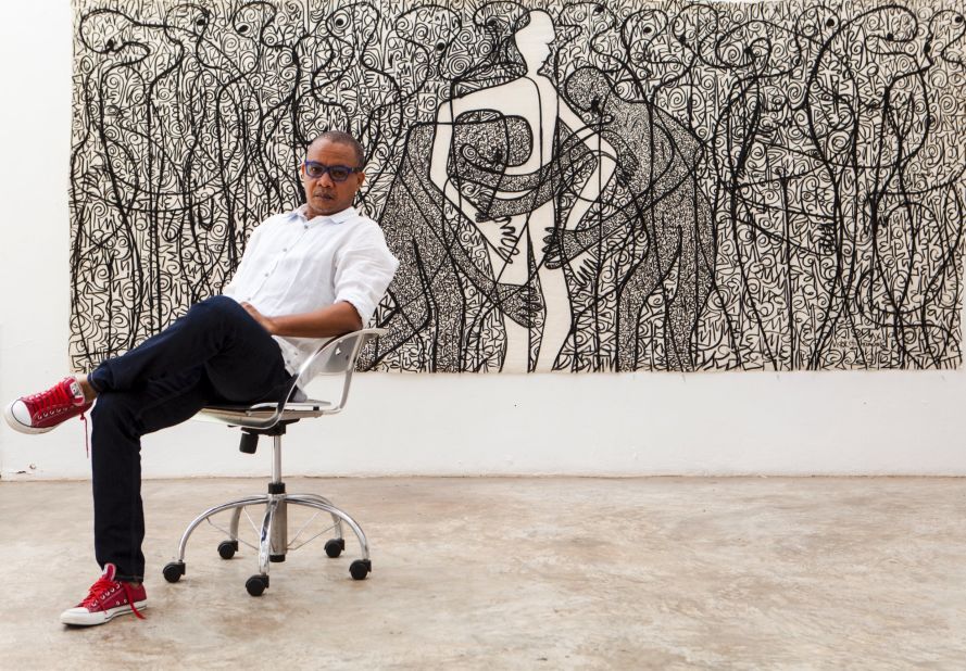 "I am constantly referencing my village. From there I expand to the world because it's from that source that I see the world," says Nigerian born Victor Ehikhamenor. The artist is considered one of the most important contemporary African artists to emerge from Nigeria. 