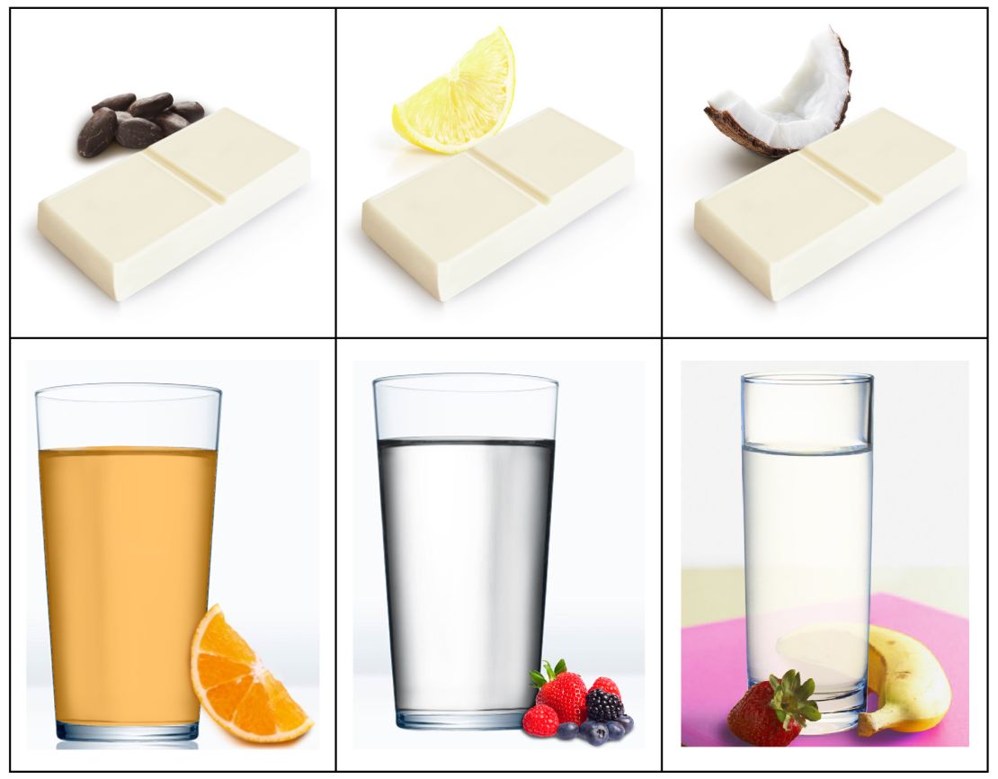 Food bars and drinks, pictured next to their flavors, developed by the biotech firm ColonaryConcepts to be used as part of a colonoscopy preparation routine.