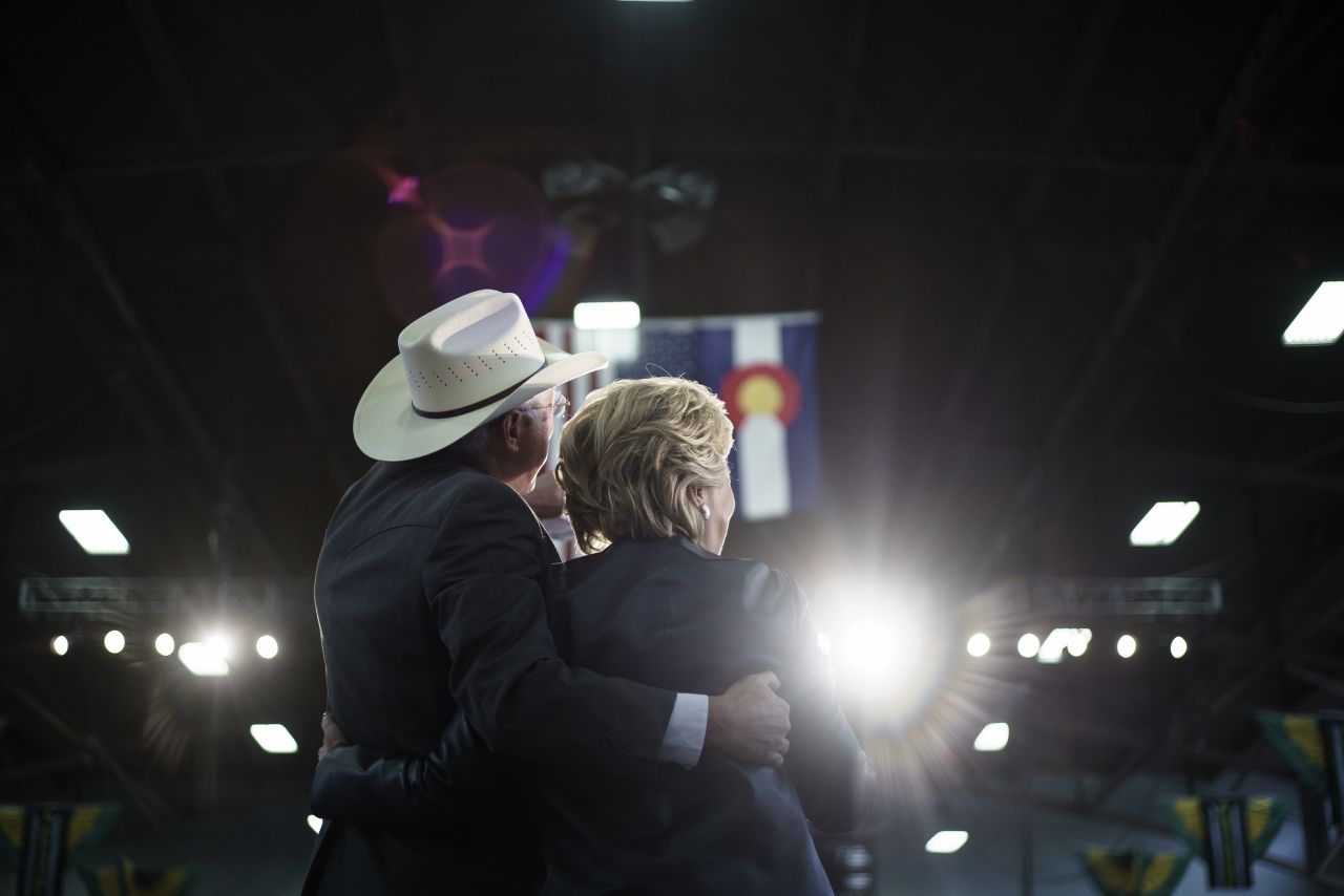 Former US Sen. Ken Salazar, left, of Colorado embraces Democratic presidential nominee Hillary Clinton during a rally in Pueblo, Colorado, on Wednesday, October 12. The Clinton campaign announced that Salazar, who also served as President Barack Obama's secretary of the interior, <a href="http://www.cnn.com/2016/08/16/politics/hillary-clinton-transition-team-ken-salazar/" target="_blank">will head the transition</a> for a potential Clinton administration.