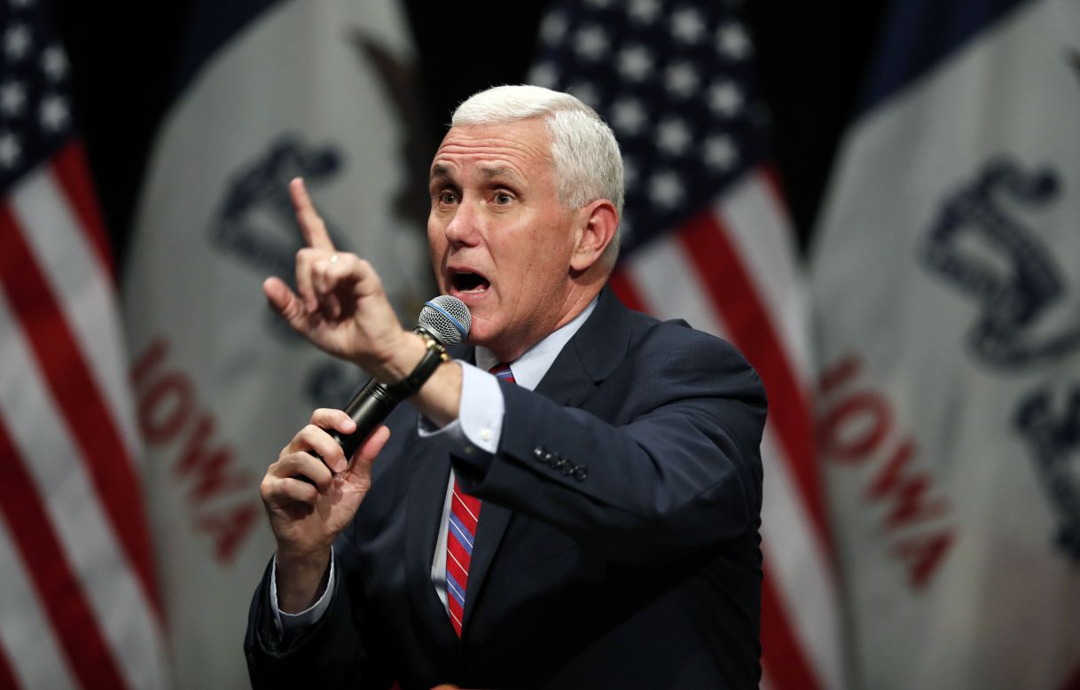 Republican vice presidential nominee Mike Pence speaks at a campaign rally in Newton, Iowa, on Tuesday, October 11. 