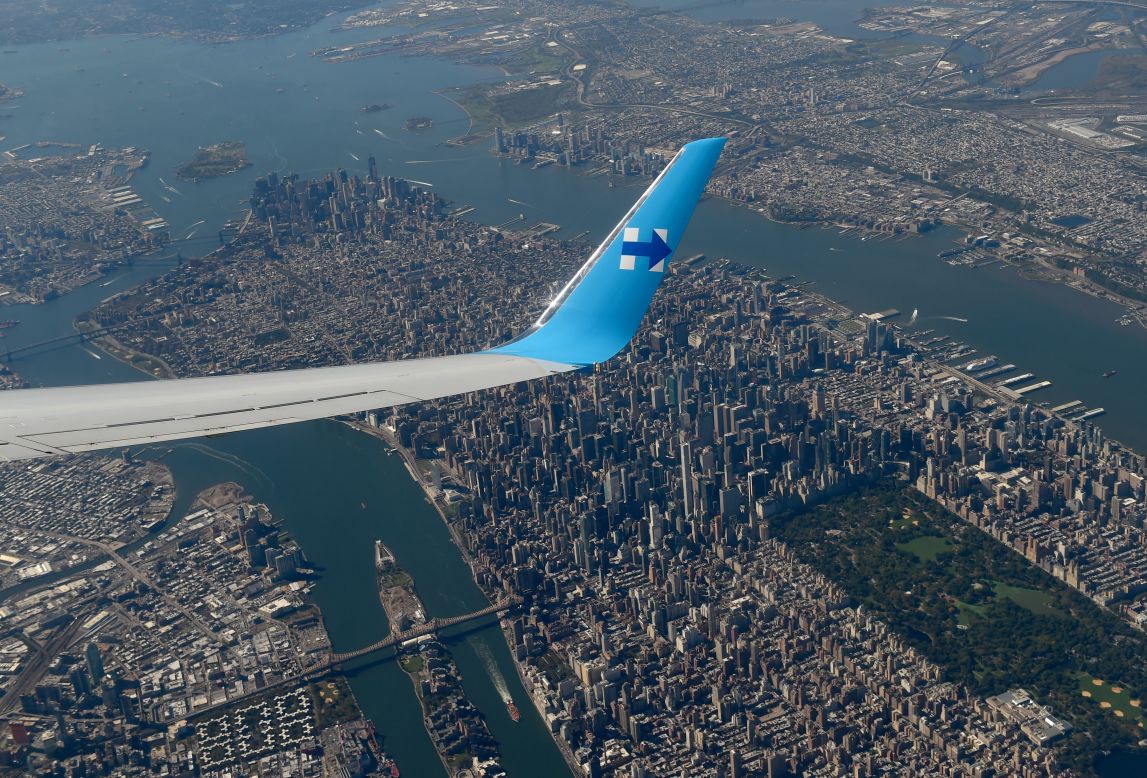 The campaign plane of Democratic presidential nominee Hillary Clinton passes over New York en route to Miami on Tuesday, October 11.