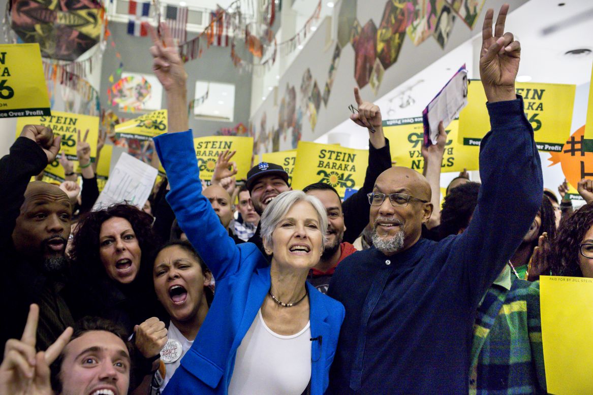 Green Party presidential nominee Jill Stein and her running mate, Ajamu Baraka, attend a rally in the Bronx, New York, on Thursday, October 13. 