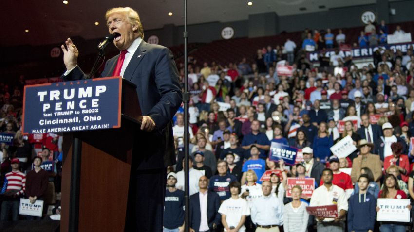 Donald Trump speaks to a crowd of attendees at U.S. Bank Arena on October 13, 2016 in Cincinnati, Ohio.