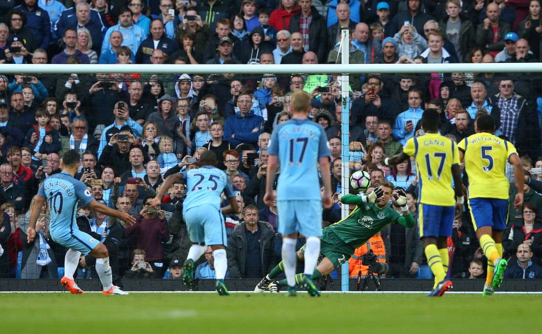 Maarten Stekelenburg saves his second penalty, denying Sergio Aguero from the spot.