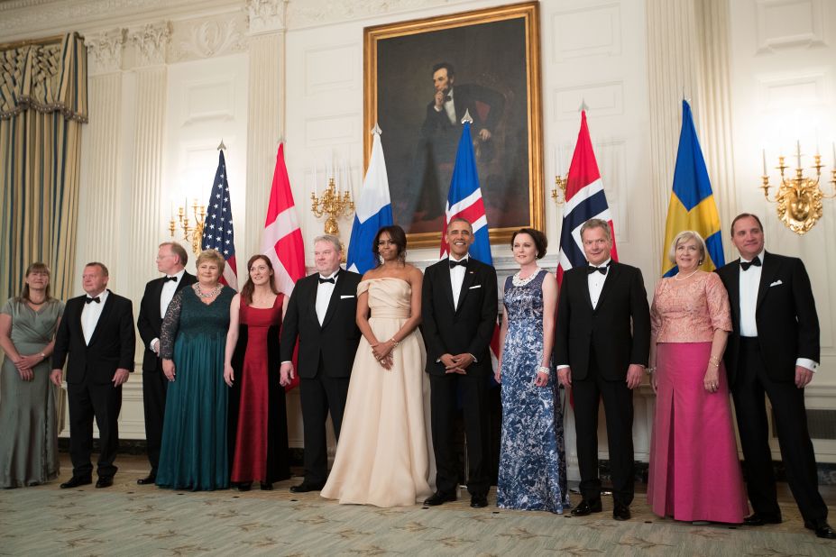The leaders of Denmark, Norway, Iceland, Finland and Sweden are hosted by the Obama in the State Dining Room at the White House on May 13, 2016. 