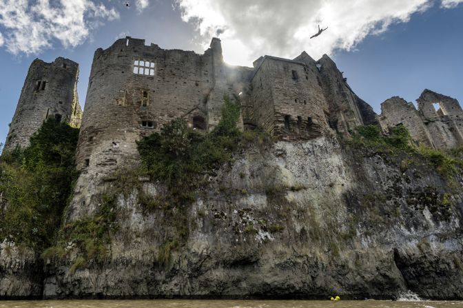 Britain's Blake Aldridge dives from 26 meters at Chepstow Castle at his home event in Pembrokeshire, where he placed eighth in September. 