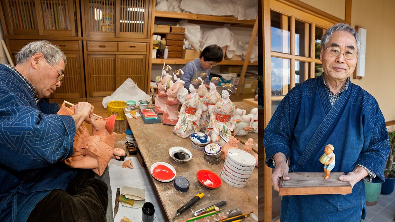 Takeyoshi has dedicated his entire working life to the creation of ningyo. Today his dolls sell in outlets across Japan for up to ¥1.6 million (US$20,000). "I remember the first doll I made when I was 17," he explains. "It was a small boy holding a watermelon. From then on I was hooked. I'm as passionate about my work as I was 53 years ago, although hopefully my skills have improved a little. I don't think I'll ever retire."