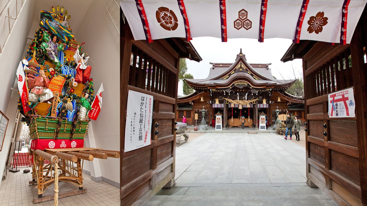 Those not passing through Fukuoka in July can still see a magnificent kazariyamakasa on display outside the delightful Kushida Shrine, which makes a great place to begin a city tour. Dating back nearly 1,300 years, Kushida is Fukuoka's most venerable shrine, dedicated to the three gods of Shinto.