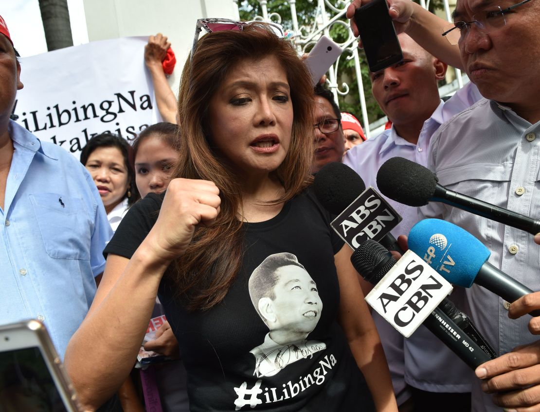 Ferdinand Marcos' daughter Imee speaks at a rally in support of the re-internment in October.