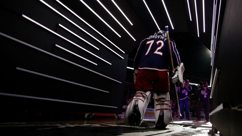 Columbus goalie Sergei Bobrovsky walks onto the ice before the start of an NHL game in Columbus, Ohio, on Thursday, October 13.