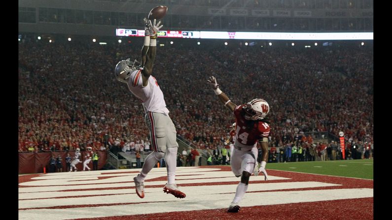 Ohio State running back Curtis Samuel tries to make a catch at Wisconsin on Saturday, October 15.