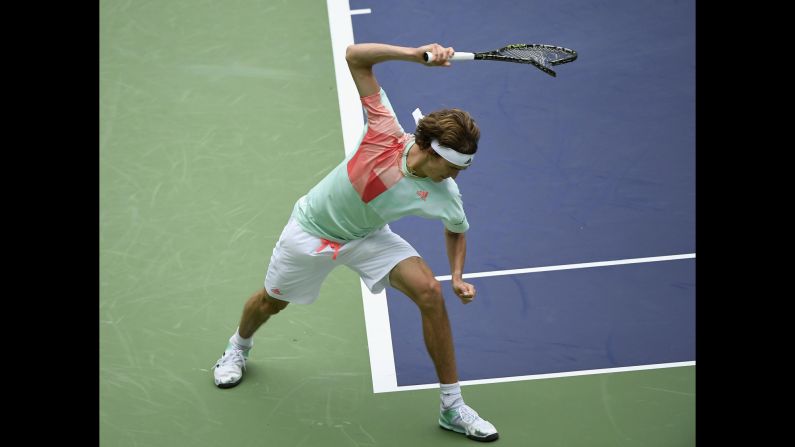Alexander Zverev breaks his racket in frustration during a match in Shanghai, China, on Thursday, October 13.