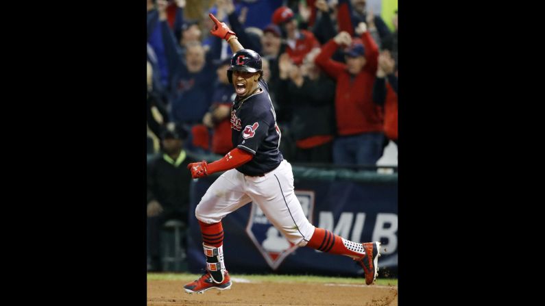 Cleveland's Francisco Lindor celebrates a two-run homer in Game 1 of the American League Championship Series on Friday, October 14. The Indians won 2-0.