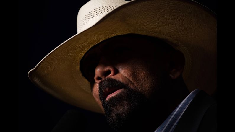 Milwaukee County Sheriff David Clarke rails against the electoral system at the Trump rally in Green Bay. Clarke told the crowd, <a href="index.php?page=&url=http%3A%2F%2Fwww.cnn.com%2Fvideos%2Fpolitics%2F2016%2F10%2F18%2Fsheriff-david-clarke-pitchfork-torches-america-ctn.cnn" target="_blank">"It is pitchfork and torches time in America."</a>