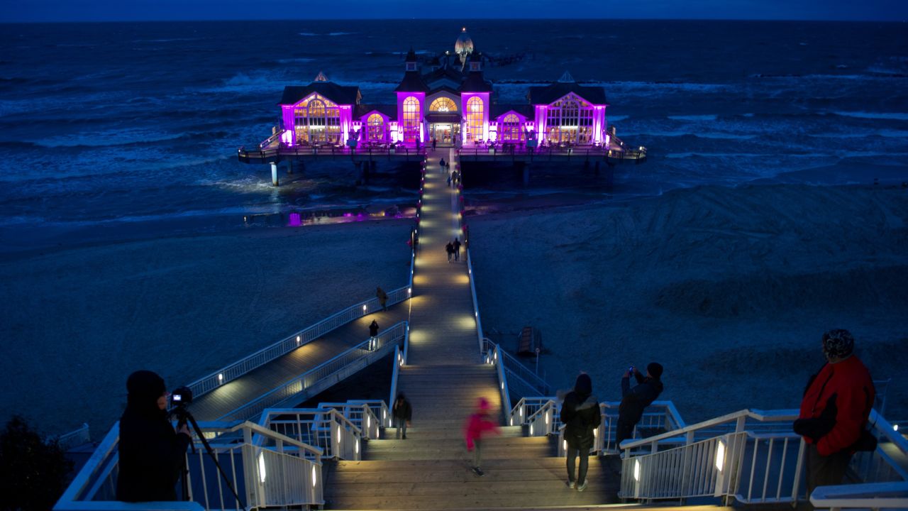The pier of Sellin, on the German island of Rügen, is lit in pink for the UN International Day of the Girl Child on October 11. Sellin is a long-standing Baltic spa town. 