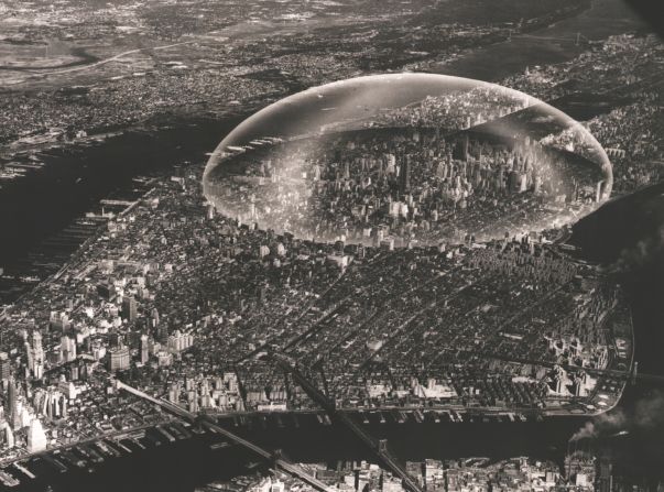 Fuller's attempt to shield a portion of Manhattan from the elements originated in July 1950 with an idea for a half-mile wide geodesic dome he called "Noah's Ark #2." Fuller thought that among the benefits of these would be the need to clear snow and ice from roadways and regulating extreme temperatures within. <br /><br />"Future cities may have all housed activity -- dwelling, commercial and administrative -- within the dome shell, reserving whole interior of dome for a tropically gardened public park and community building area," wrote Fuller, who anticipated ascending roadways and high-speed vertical transport links to boot. Smaller scale versions proved structurally feasible, but 50 years on Manhattan has yet to greenlight the idea.