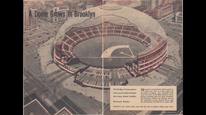 Stadiums with roofs might be commonplace in the US in our day and age, but Geddes and Fuller's radical proposal in the mid '50s would have been a game changer. <br /><br />Dodgers owner Walter O'Malley enlisted Fuller's skills in geodesic domes to create what would have been a 750 feet wide and 300 feet high fiberglass lid for the baseball team's new hi-tech stadium in Atlantic Yards, downtown Brooklyn. The roof would have retracted, with the whole structure containing channels to maintain air flow. On the ground would have been "a synthetic substance to replace grass on the entire field and (could) be painted any color" -- essentially AstroTurf, 18 years before it was invented. <br /><br />Dodgers fans don't need to be told that their team eventually ended up in sunnier climbs: O'Malley took the club to Los Angeles, with questions over financing and delays making the Brooklyn project unworkable.