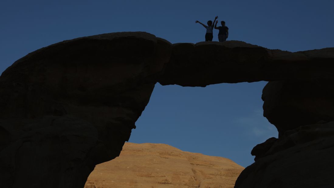 Wadi Rum in Jordan is a desert wilderness and UNESCO World Heritage Site renowned for its sandstone mountains and natural stone arches. 