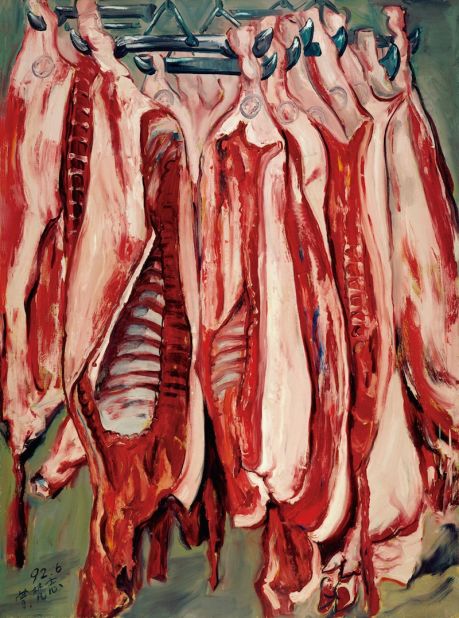 This painting is from the artist's "Meat" series. These paintings are among some of his earliest works and were inspired by the outdoor butcheries that surrounded his then-home. 
