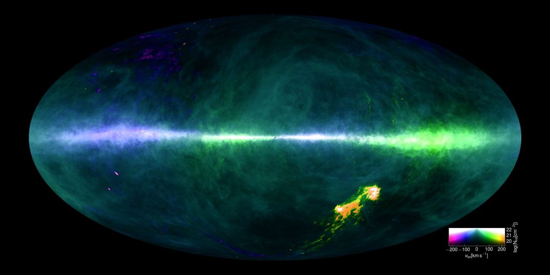 A map of the Milky Way showing concentrations of hydrogen. The Magellanic Clouds can be seen at the lower right.