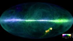 This HI4PI map was produced using data from the 100 metre Max-Planck radio telescope in Effelsberg, Germany and the 64 metre CSIRO radio telescope in Parkes, Australia. The image colours reflect gas at differing velocities. The plane of the Milky Way runs horizontally across the middle of the image. The Magellanic Clouds can be seen at the lower right.