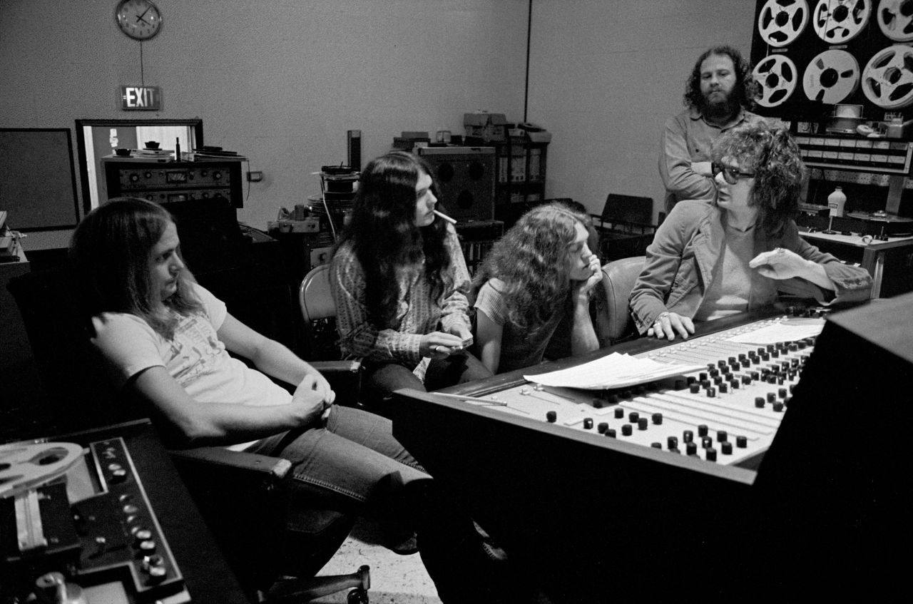 Kooper, right, works in an Atlanta studio with members of the band: from left, Van Zant, Gary Rossington and Allen Collins. The band, from Jacksonville, Florida, was first formed as My Backyard in 1964. It changed names several times before settling on Lynyrd Skynyrd -- a name mocking Leonard Skinner, a high school physical-education teacher that was strict about the school's policy regarding boys with long hair.