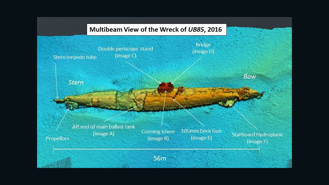 A sonar scan of the wreck that's believed to be UB-85.
