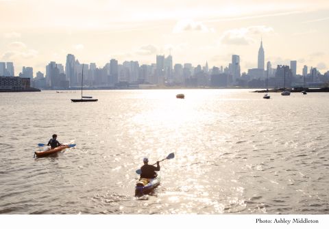 Zach Schwitzky kayaks across New York's Hudson river to work each morning. A 20-minute paddle across the water plus a bit of walking each side gives a commute of 45 minutes. Photo by <a href="https://www.instagram.com/amiddletonprojects/" target="_blank" target="_blank">@amiddletonproject</a>.