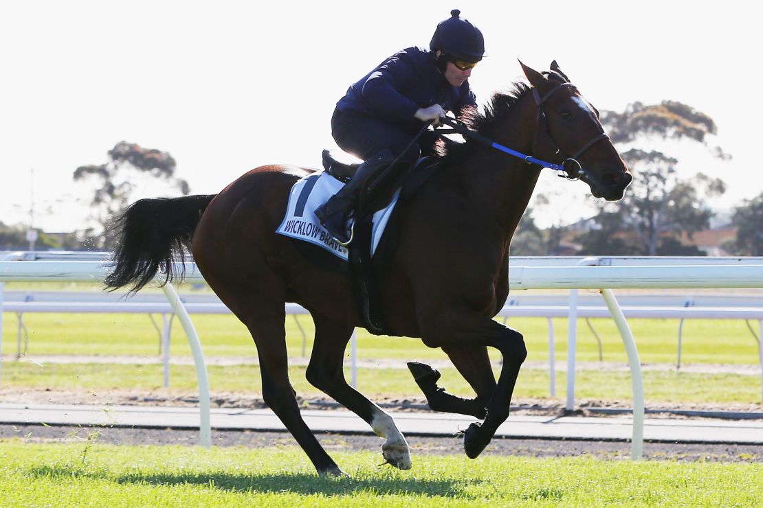 Wicklow Brave and rider David Casey gallop at Geelong racecourse in Victoria.